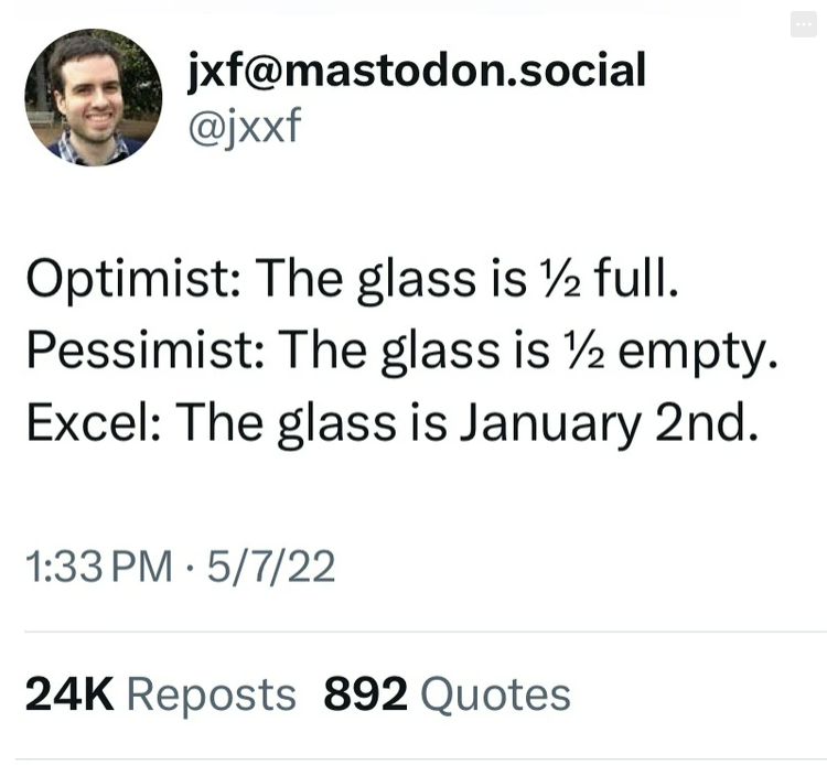 screenshot - jxf.social Optimist The glass is 2 full. Pessimist The glass is empty. Excel The glass is January 2nd. 57 Reposts 892 Quotes